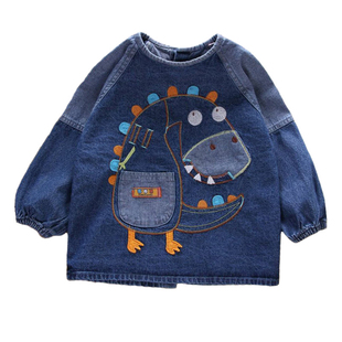 宝宝纯棉牛仔罩衣秋冬款儿童男女吃饭衣反穿衣防水婴儿罩衫围兜兜