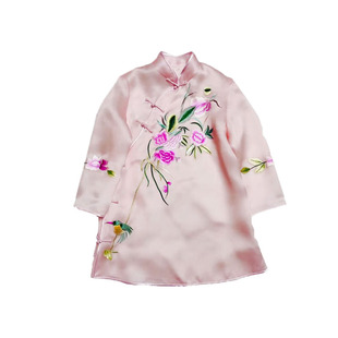 韵姿 夏季新款里外全真丝提花欧根纱改良款粉色中式马甲旗袍背心