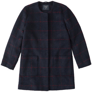 美国正品abercrombie fitch 女af无领羊毛混纺外套毛呢大衣186572