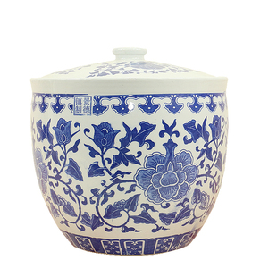 景德镇青花陶瓷米缸圆形带盖米桶酒坛腌菜坛大口储物罐陶瓷坛子