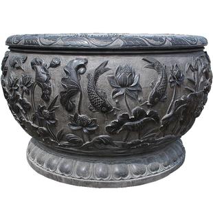 艺树人生石雕荷花鱼缸石头庭院圆水缸门海青石仿古大石缸精品包邮