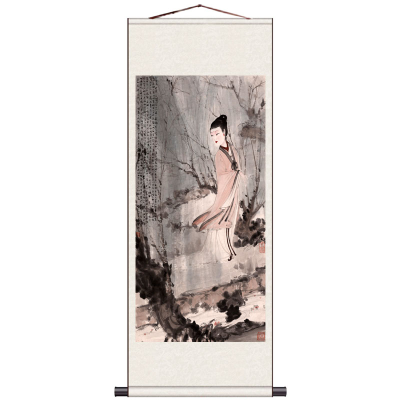 傅抱石山水人物画湘夫人仕女图国画茶楼装饰画风光无限风水丝绸画