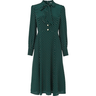 【凯特王妃同款】LK BENNETT绿色真丝连衣裙女春长袖蝴蝶结桑蚕丝