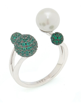 绿色锆钻圆球珍珠开口纯银戒指