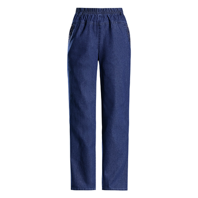 酷太太中老年牛仔裤女春秋薄款高腰宽松大码裤子奶奶九分裤松紧腰