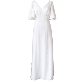 简约修身缎面法式轻婚纱V领显瘦A字裙旅拍复古新娘女齐地出门纱