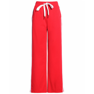 运动休闲裤女高腰春夏款开叉垂感宽松直筒两条杠条纹阔腿校服长裤