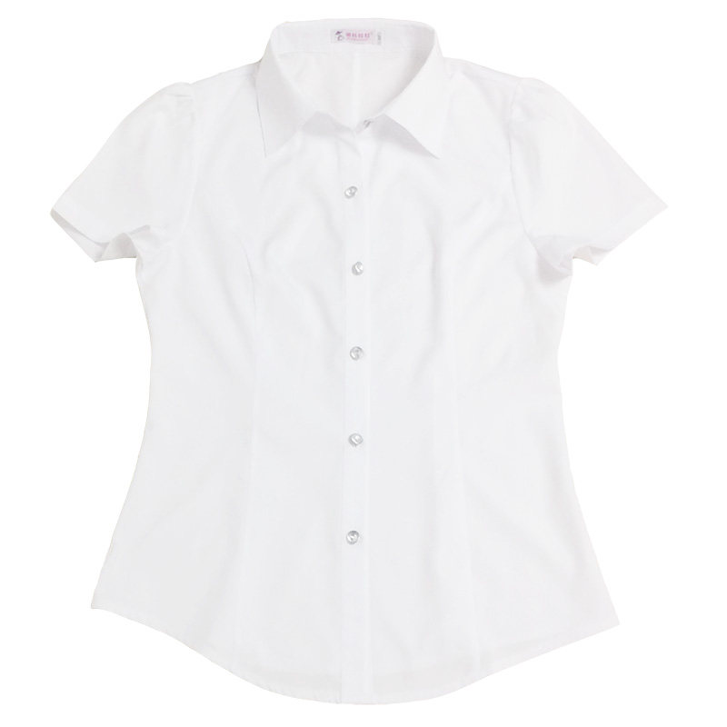 职业职服装衬衫短袖女夏百搭工作修身泡袖纽扣涤纶雪纺弹力白衬衣
