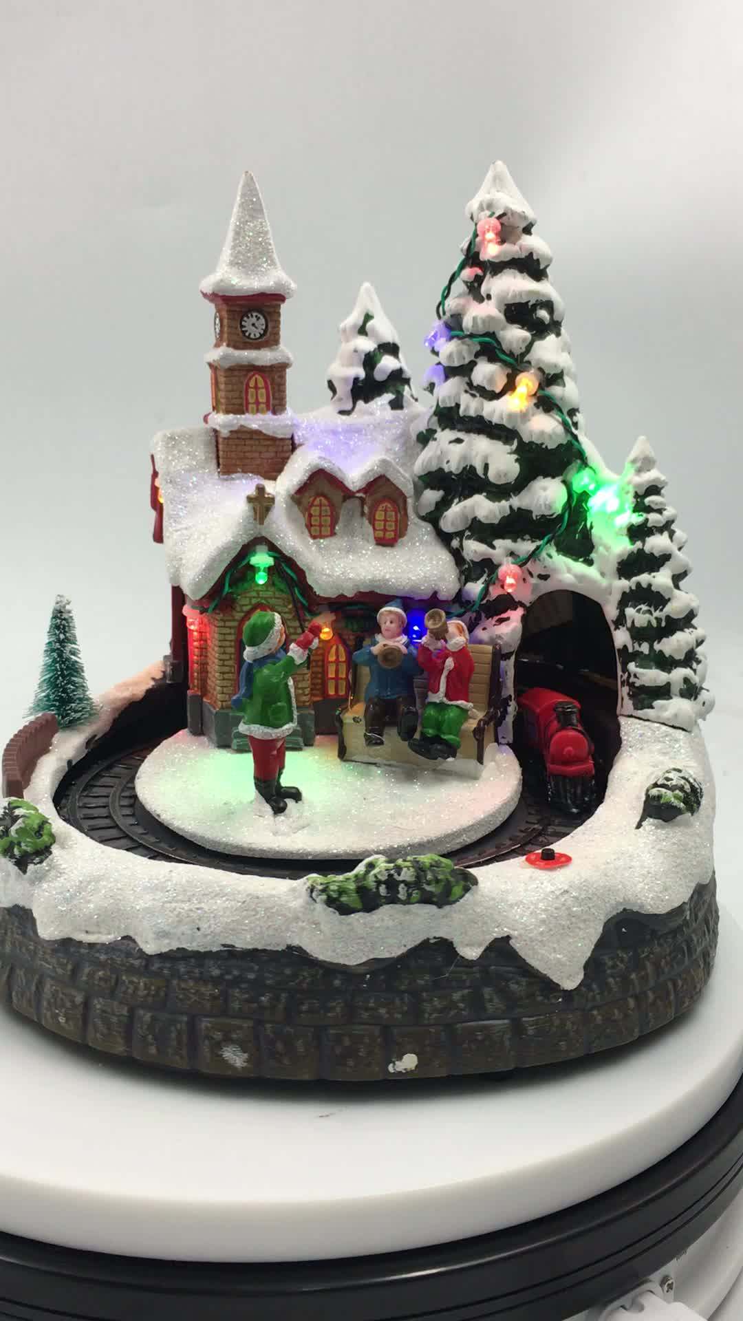 Led Music Polyresin Light House Christmas Village Scene With Train