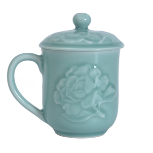 青瓷牡丹茶杯陶瓷带盖带把仿古青杯会务送礼定制杯青釉办公杯