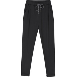 LT哈伦裤高腰裤子女休闲裤卷边萝卜裤小脚松紧腰黑色九分裤运动裤