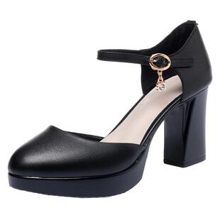 旗袍走秀高跟鞋女粗跟厚底真皮女鞋软皮中空单鞋包头凉鞋女士皮鞋