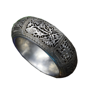 原创设计民族复古风镂空百灵画眉喜鹊鹭鸶鸟语花香烧蓝足银手镯女