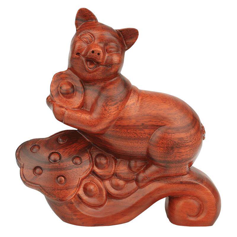 生肖猪如意元宝装饰品红木雕刻