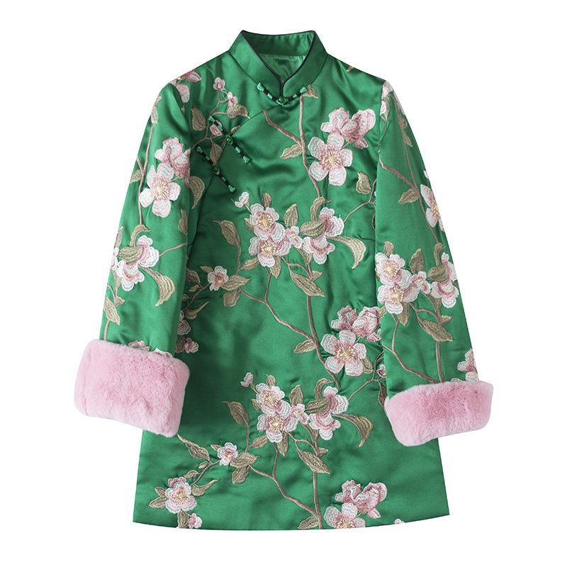 满身刺绣獭兔毛袖口中长上衣棉服