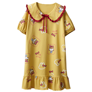 夏季美丽少女短袖100%纯棉睡裙薄款全棉质家居服可爱娃娃领裙子