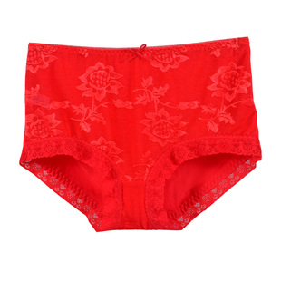 蝶安芬大红本命年纯棉女士内裤网纱无痕弹力棉中高腰蕾丝平角短裤