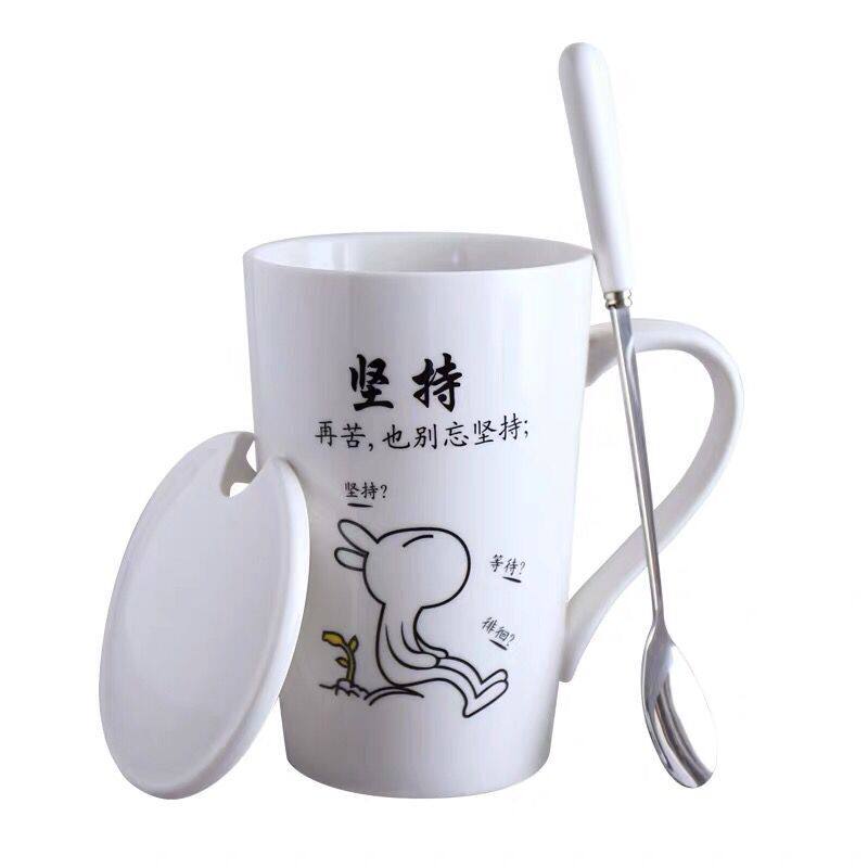 陶瓷杯子定制创意个性可爱卡通马克杯带勺盖牛奶杯情侣早餐咖啡杯
