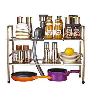 下水槽置物架厨房橱柜不锈钢用品可伸缩落地单双层锅架分层收纳架