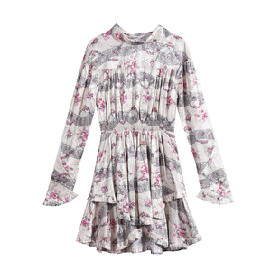 CAN初春季新款 气质小清新印花雪纺修身长袖收腰显瘦连衣裙女