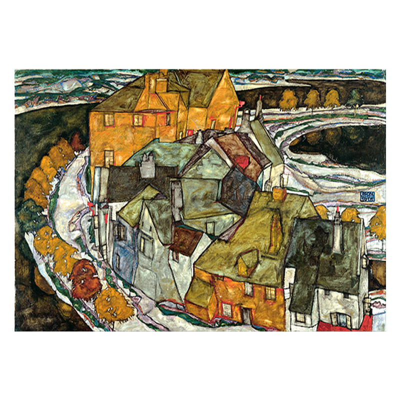 奥地利世界名画埃贡席勒黄色小镇客厅挂画画芯北欧艺术装饰建筑画