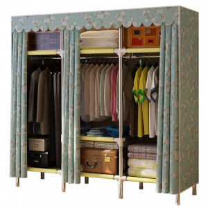 25MM双人组装挂衣橱简易布艺钢架金属钢管加粗加固遮光布衣柜折叠