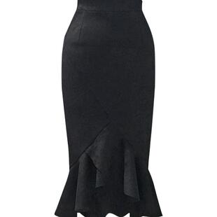 诗雅蕴春秋新款高腰包臀裙显瘦一步裙OL中长款荷叶边半身裙鱼尾裙