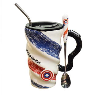 陶瓷杯螺旋马克杯大容量带盖勺子吸管螺纹美国队长复仇者英雄联盟