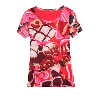 欧洲站2025夏装新款花色短袖t恤女洋气时尚网纱上衣薄款打底衫