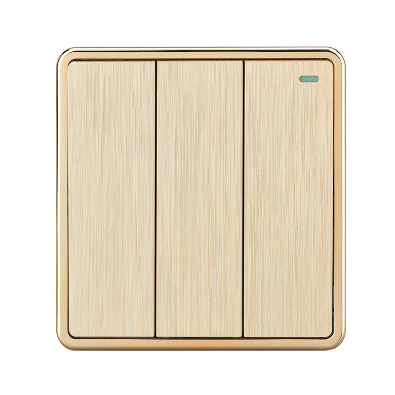 86型墙壁开关插座金色拉丝大板三开双控开关带荧光灯三位双联开关