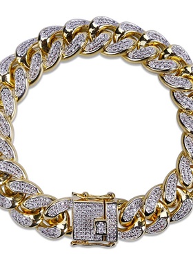 欧美爆款满天然锆石镶嵌迈阿密加密古巴链cuba男士时尚酷潮流手链