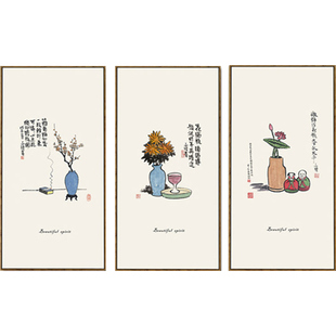 丰子恺禅意漫画新中式装饰画茶楼座挂画餐厅墙画现代简约壁画有框