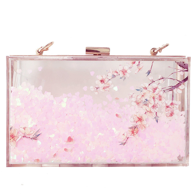 透明包包女夏天小清新仙女樱花流沙液体斜挎包珍珠链条手提小方包