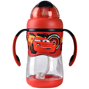 闪电麦昆汽车总动员水壶吸管杯儿童水杯带手柄挂绳两用训练学饮杯