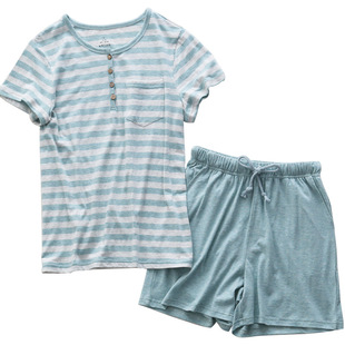 出口日本无印天竺棉纯棉情侣睡衣春秋季男女针织棉长袖家居服套装