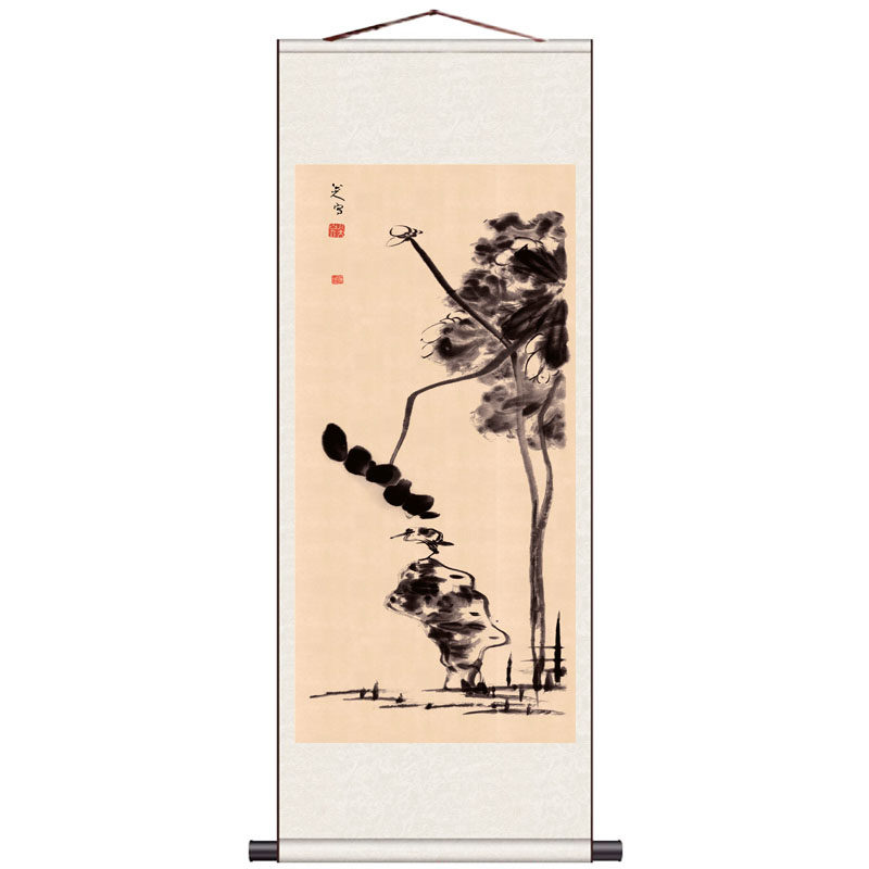 仿古山水花鸟画国画八大山人荷花小鸟图墨鱼酒店壁画丝绸礼品条幅