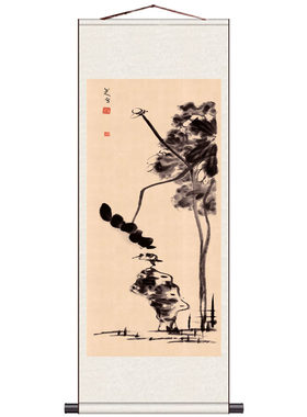 仿古山水花鸟画国画八大山人荷花小鸟图墨鱼酒店壁画丝绸礼品条幅