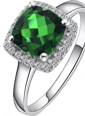 祖母绿宝石925纯银方形女款戒指