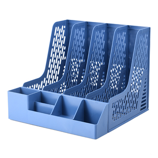 四栏文件架框书立书架档筐文件夹收纳盒办公用品大全简易桌上面学生用多层文具袋资料整理置物架子带笔筒