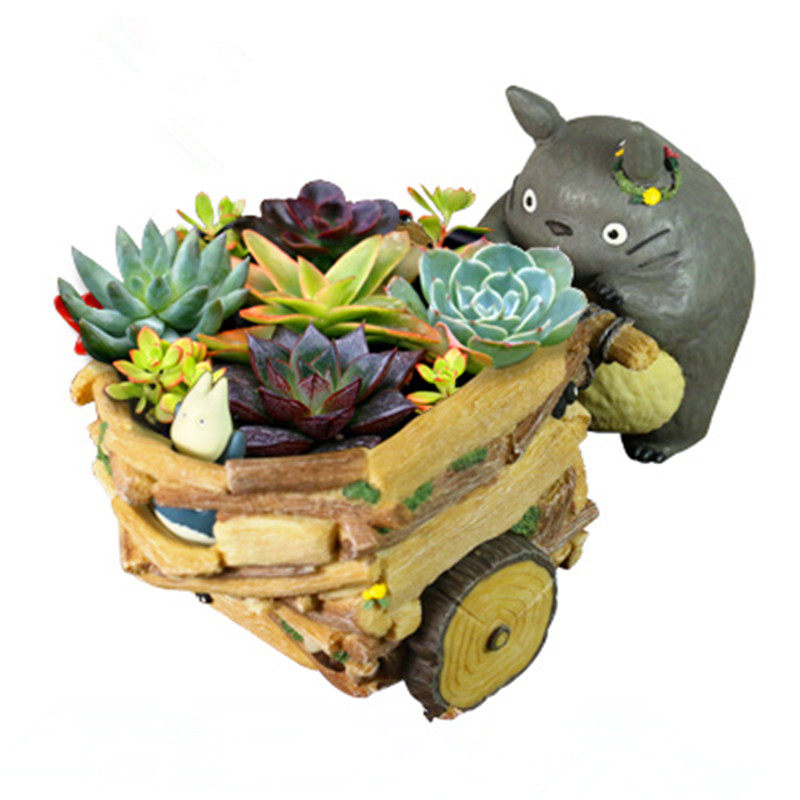 宫崎骏系列龙猫使劲推车龙猫手推车附小风车多肉植物树脂创意花盆