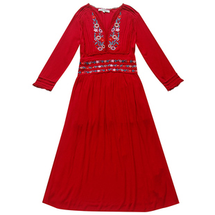 海南三亚海边度假沙滩裙云南旅游民族风绣花刺绣长袖连衣裙长裙女