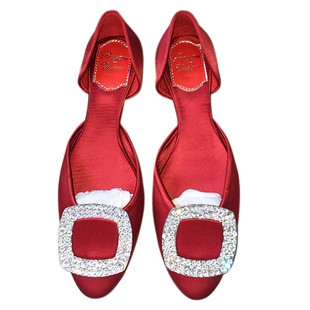 Ruyan Vuicr 平底鞋rv方扣水钻单鞋浅口真丝绸缎女鞋夏季凉鞋婚鞋