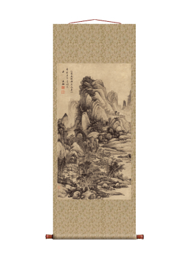 清 王鉴 仿梅道人山水图 条幅卷轴山水画名画真迹复制品玄关挂画