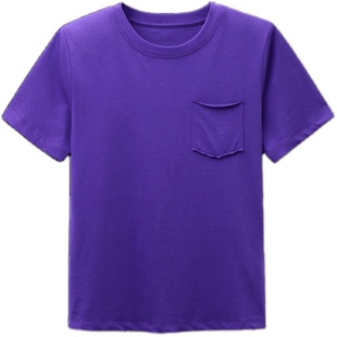 深紫色女短袖胸袋圆领打底衫新款纯色纯棉网红t恤百搭简约原宿风