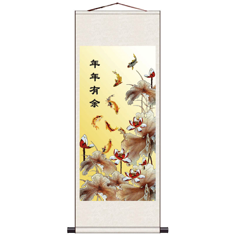 风水九鱼图客厅挂画装饰画酒店壁画招财花鸟丝绸卷轴画国画富贵花