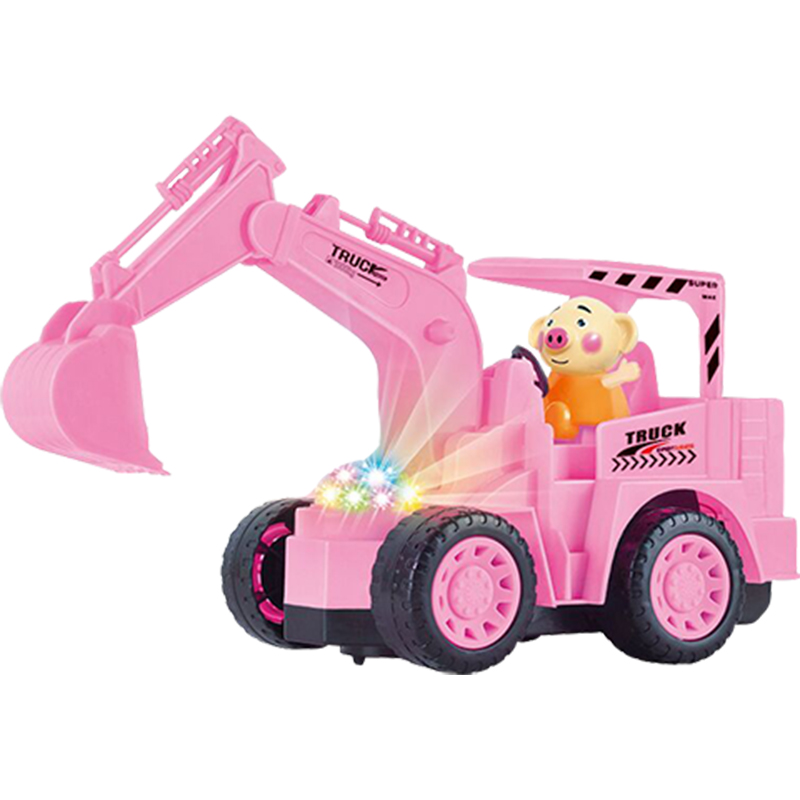 电动万向音乐灯光小猪挖掘机玩具工程车挖土机非遥控车粉色挖机