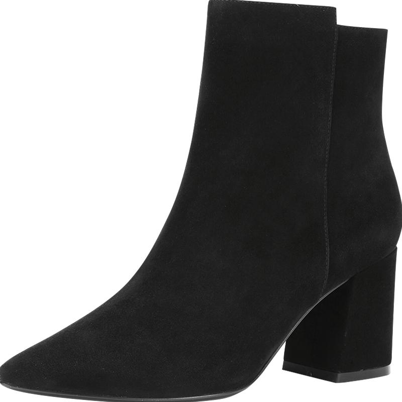 Aee/爱意秋冬款经典基础款气质尖头粗跟时装靴羊皮绒面短靴女