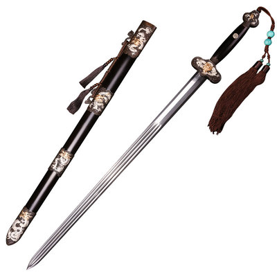 龙泉市泉字号宝剑错金银天龙剑手工黄铜阳雕百炼钢重装饰剑未开刃