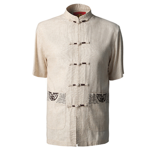 米尼也中老年中式上衣长袖夏装唐装汉服棉麻男装袋口绣花爸爸装