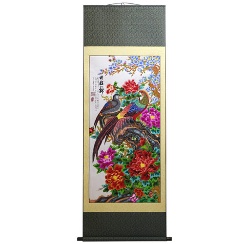 中国风特色剪纸画轴家居装饰画金边锦鸡牡丹前程似锦出国礼品画轴